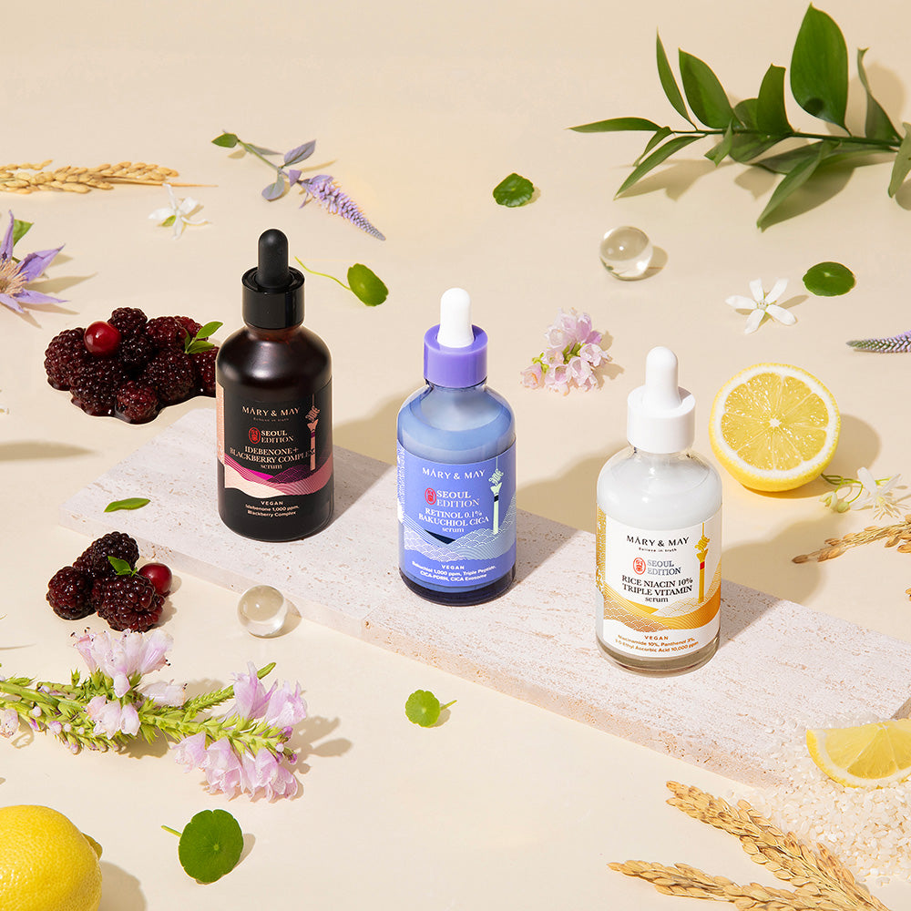 Mary&May Idebenone+Blackberry Complex Serum_80ml+ Mary&May Rice niacin 10% Triple Vitamin Serum 80ml+ Mary&May Retinol 0.1% Bakuchiol Cica Serum 80ml