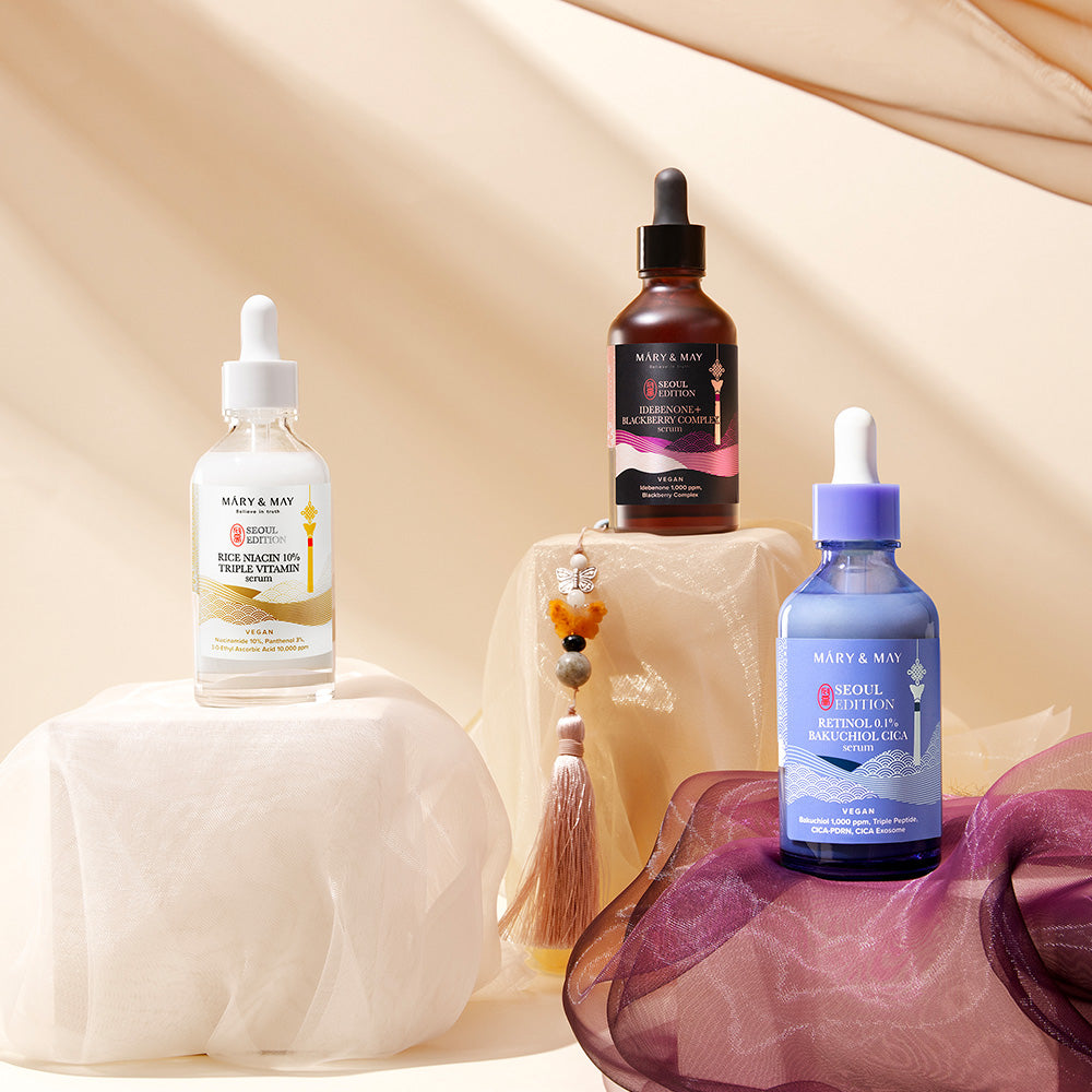 Mary&May Idebenone+Blackberry Complex Serum_80ml+ Mary&May Rice niacin 10% Triple Vitamin Serum 80ml+ Mary&May Retinol 0.1% Bakuchiol Cica Serum 80ml
