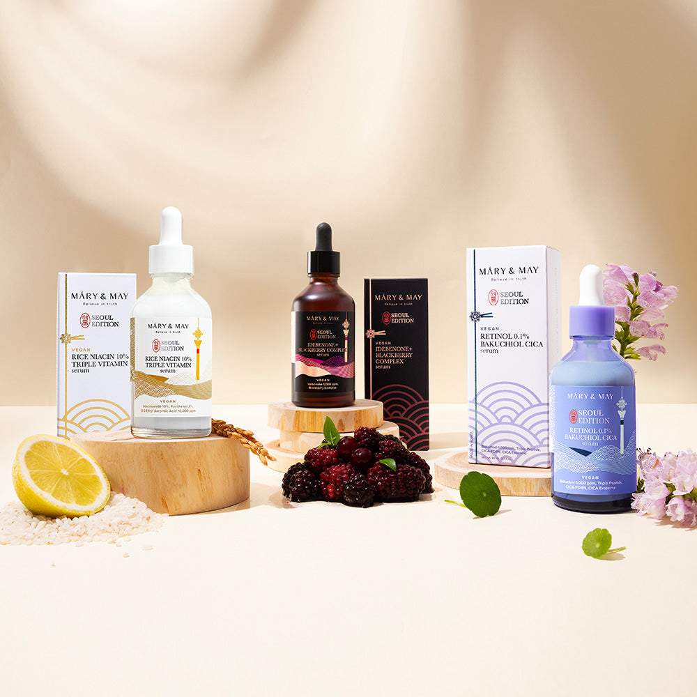 Mary&May Idebenone+Blackberry Complex Serum_80ml+ Mary&May Rice niacin 10% Triple Vitamin Serum 80ml+ Mary&May Retinol 0.1% Bakuchiol Cica Serum 80ml