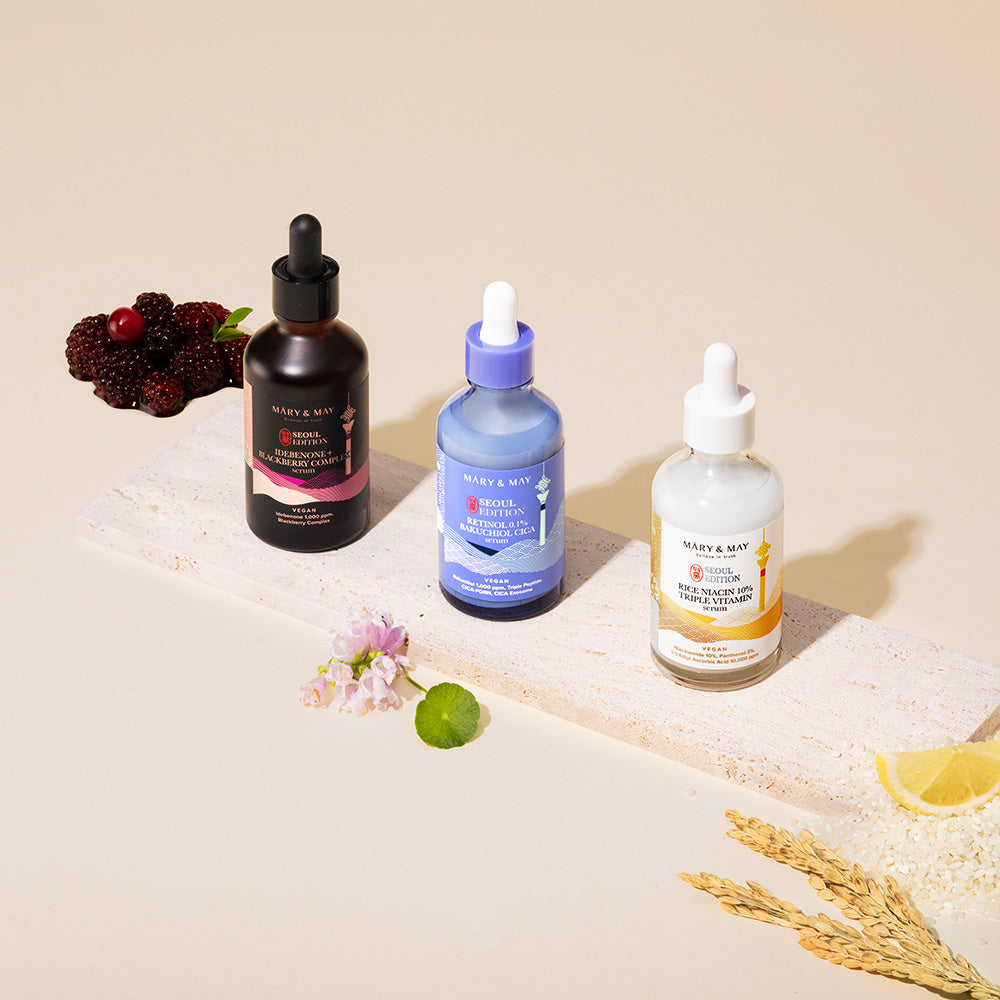 Mary&May Idebenone+Blackberry Complex Serum_80ml+ Mary&May Rice niacin 10% Triple Vitamin Serum 80ml+ Mary&May Retinol 0.1% Bakuchiol Cica Serum 80ml