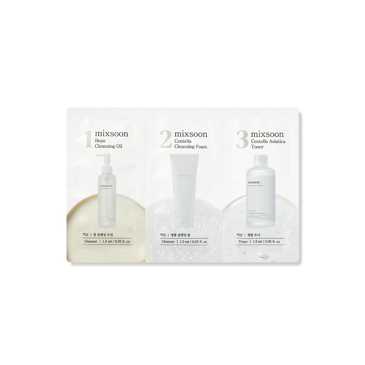 Mixsoon (Step 1,2,3) Bean Cleansing Oil, Centella Cleansing Foam, Centella Asiatica Toner Sachet [1.5ml*3ea]