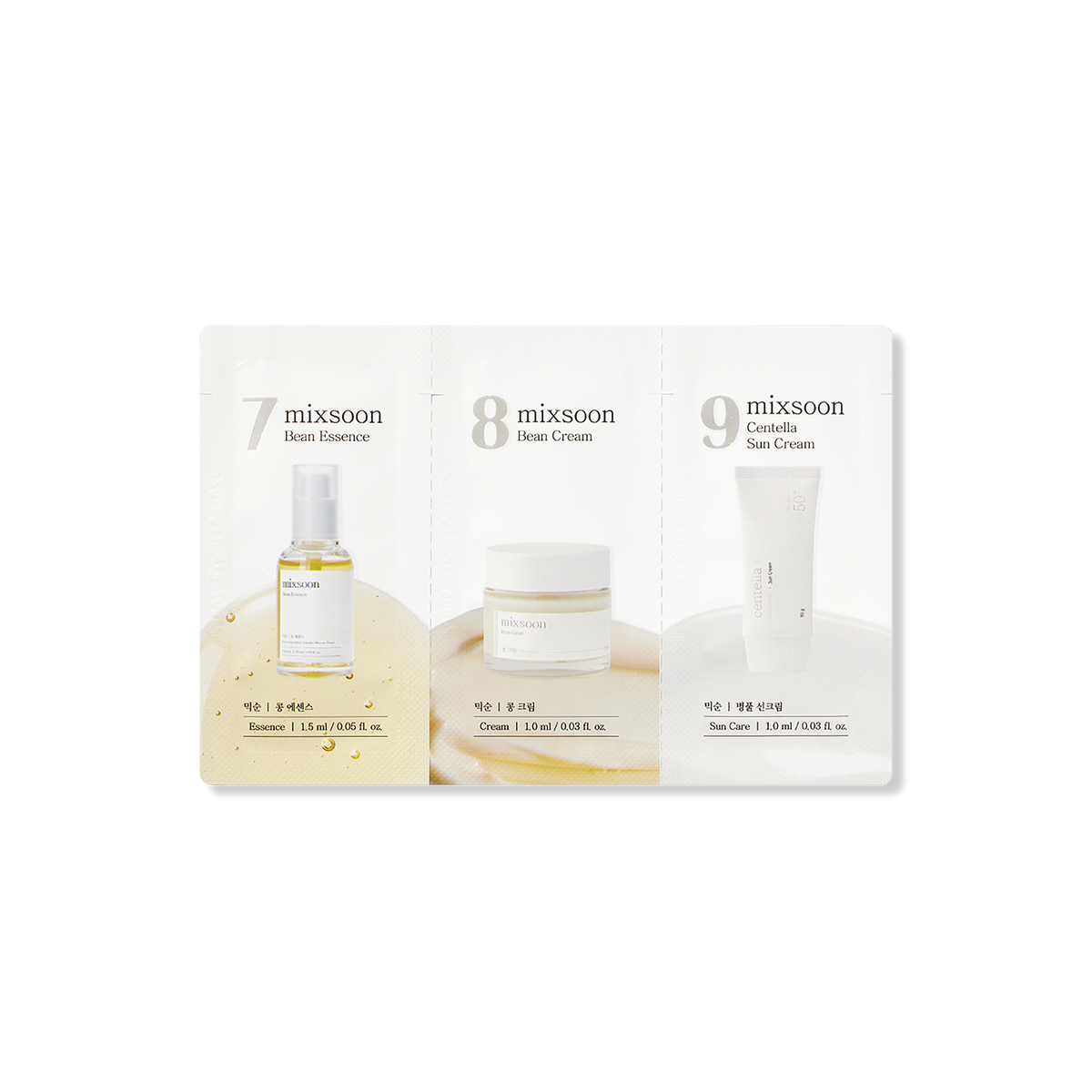Mixsoon (Step 7,8,9) Bean Essence, Bean Cream, Centella Sun Cream [1.5ml, 1ml*2ea]